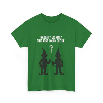 Olive Green T Shirt featuring playful elf silhouettes as a graphic design