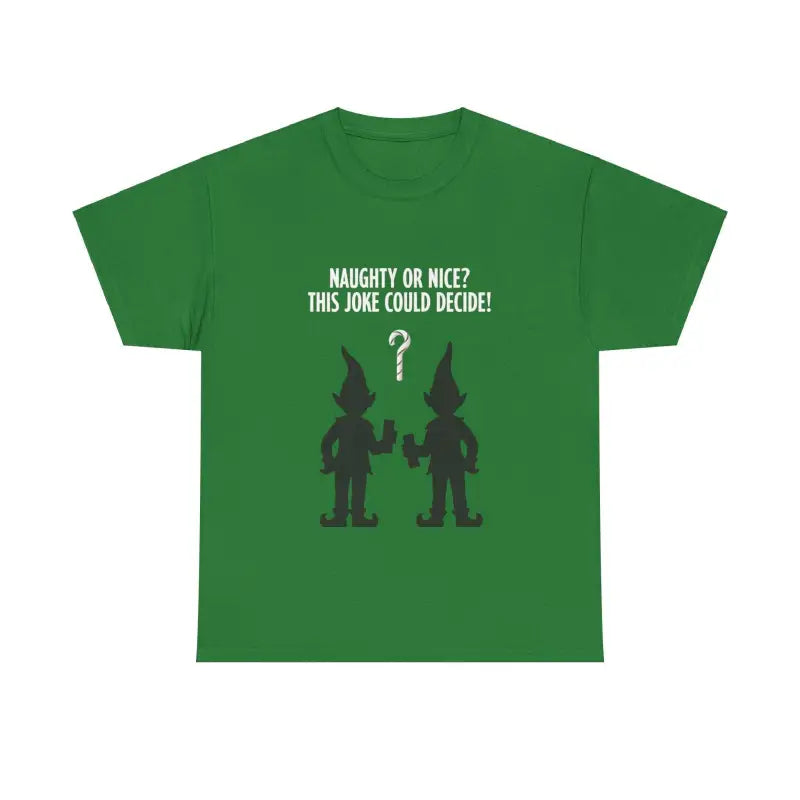 Olive Green T Shirt featuring a whimsical elf joke graphic design