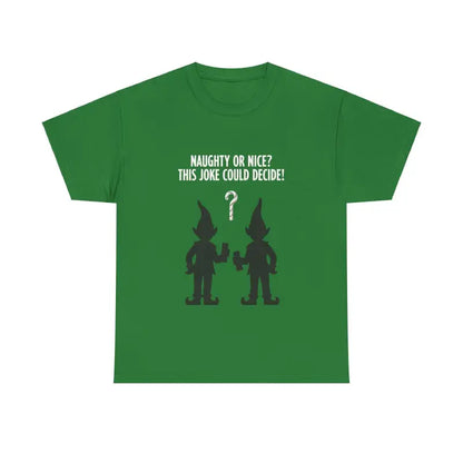 Olive Green T Shirt featuring a whimsical elf joke graphic design