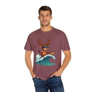 Orange Surfing Reindeer T Shirt for Festive Fun Vibes - Ocean State Styles