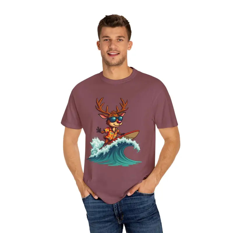 Orange Surfing Reindeer T Shirt for Festive Fun Vibes - Ocean State Styles