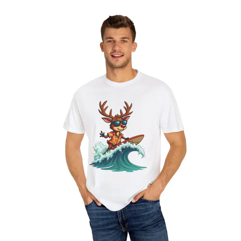 Orange Surfing Reindeer T Shirt for Festive Fun Vibes - Ocean State Styles