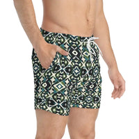 Patterned Men's Swim Trunks and Women's Shorts in Stylish Greens and Blacks Geometric Design - Ocean State Styles