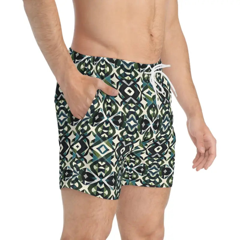 Patterned Men's Swim Trunks and Women's Shorts in Stylish Greens and Blacks Geometric Design - Ocean State Styles