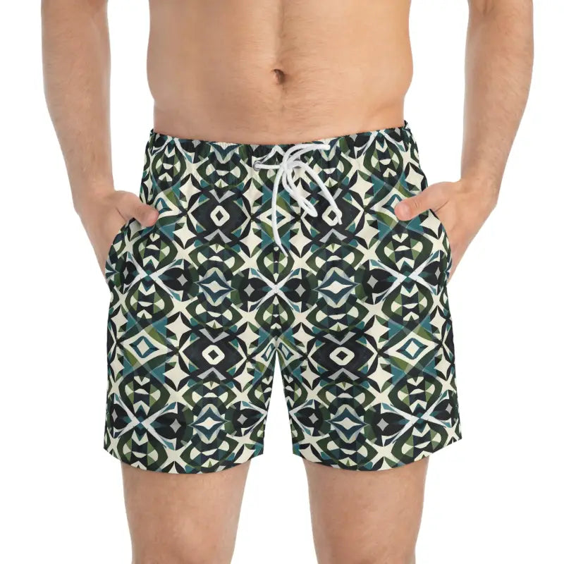 Patterned Men's Swim Trunks and Women's Shorts in Stylish Greens and Blacks Geometric Design - Ocean State Styles