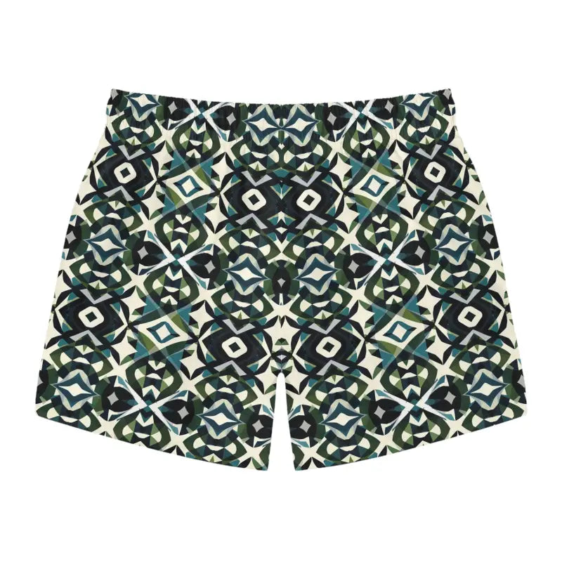 Patterned Men's Swim Trunks and Women's Shorts in Stylish Greens and Blacks Geometric Design - Ocean State Styles