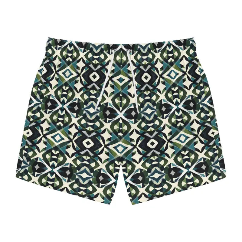 Patterned Men's Swim Trunks and Women's Shorts in Stylish Greens and Blacks Geometric Design - Ocean State Styles