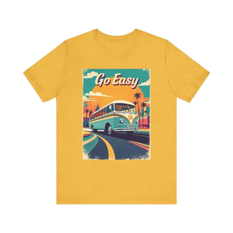 Mustard-colored Peach Retro Bus Unisex Jersey Tee featuring a vintage bus graphic