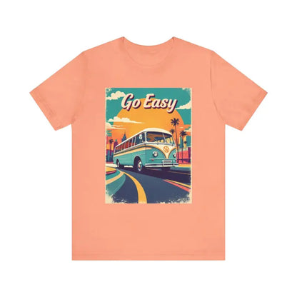 Peach Retro Bus Unisex Jersey Tee featuring a vintage bus graphic on a peach shirt