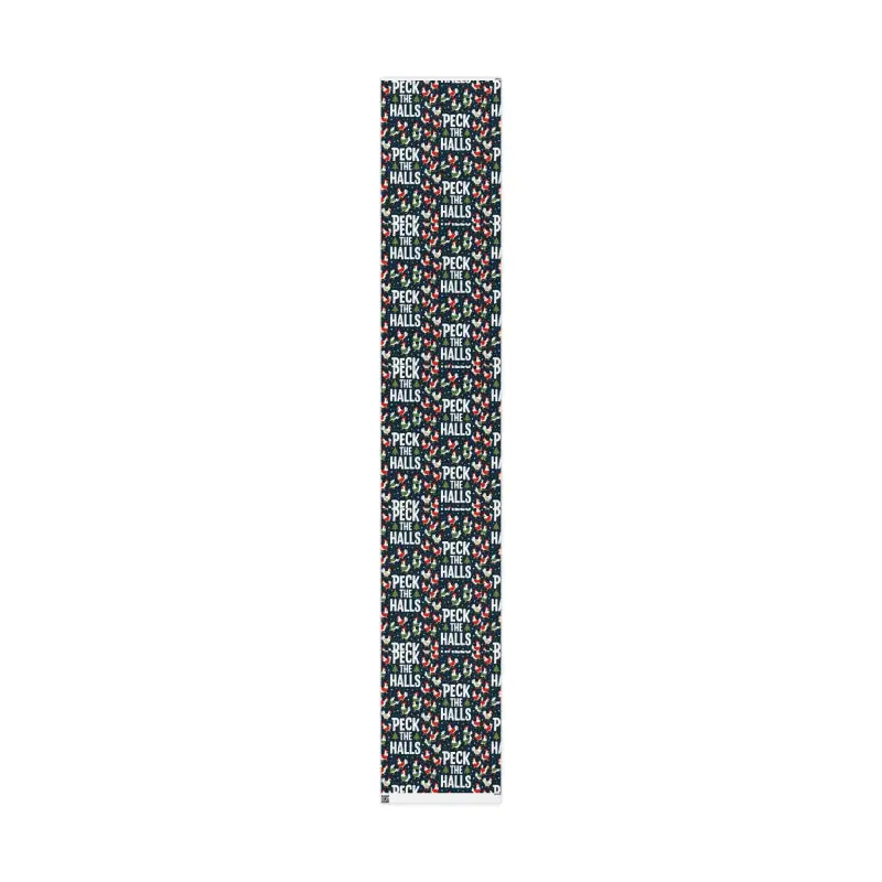 Narrow patterned runner featuring Peck the Halls Christmas wrapping paper with chicken design