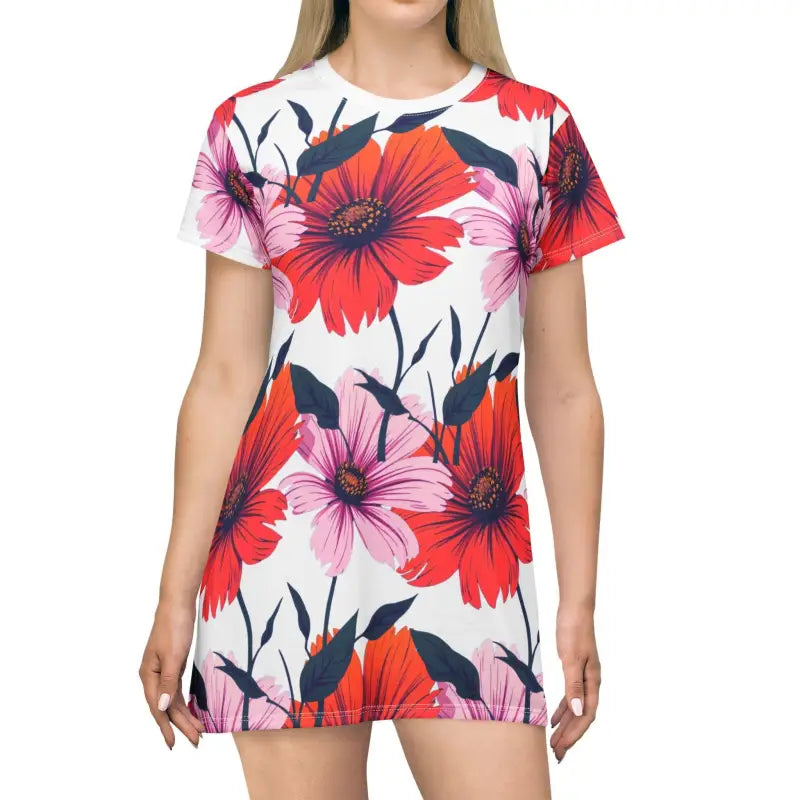 Pink and Orange Floral Print T Shirt Dress offering Summer Comfort and style