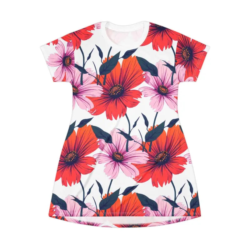 Pink and Orange Floral Print T-Shirt Dress for Summer Comfort showcasing a vibrant design