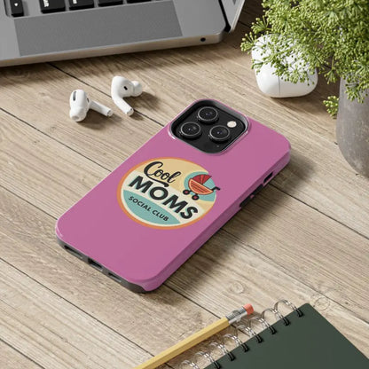 Pink Phone Case with Cool Moms Social Club Design showcased on a white background