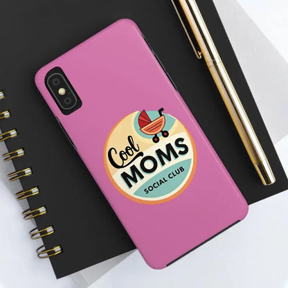 Pink phone case featuring Cool Moms Social Club sticker design for stylish protection