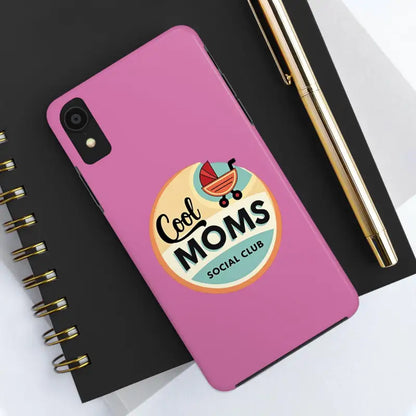 Pink phone case featuring Cool Moms Social Club sticker design for stylish protection