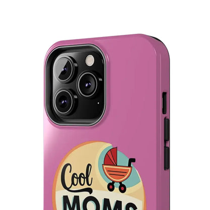 Pink phone case featuring camera lenses and Cool Moms Social Club design