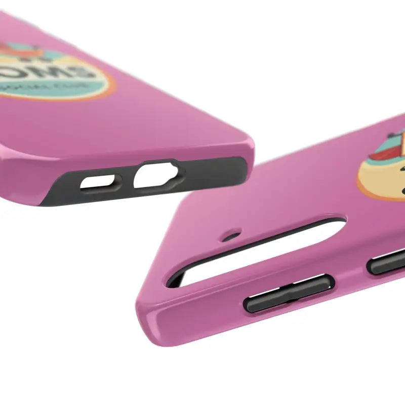 Pink phone case with cutouts featuring Cool Moms Social Club design for stylish protection
