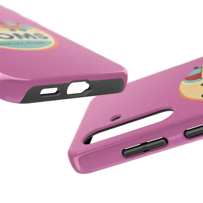 Pink phone case with cutouts featuring Cool Moms Social Club design for stylish protection