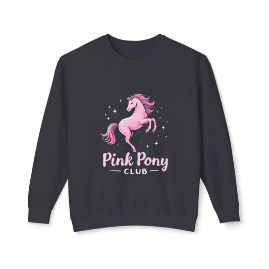 Dark grey crewneck sweatshirt featuring a pink pony and Pink Pony Club graphic