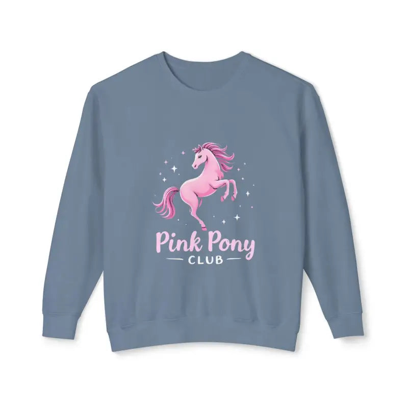 Blue long-sleeved crewneck sweatshirt with pink pony graphic from Pink Pony Graphic Crewneck Sweatshirts