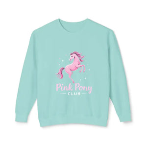 Light blue long-sleeved sweatshirt featuring a pink pony graphic from Pink Pony Graphic Crewneck Sweatshirts