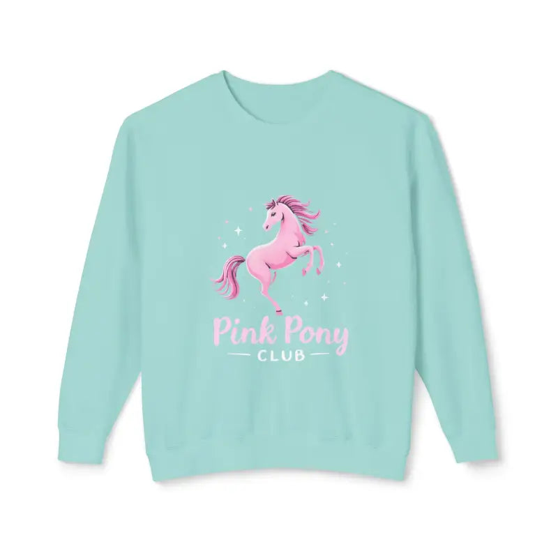 Light blue long-sleeved sweatshirt featuring a pink pony graphic from Pink Pony Graphic Crewneck Sweatshirts