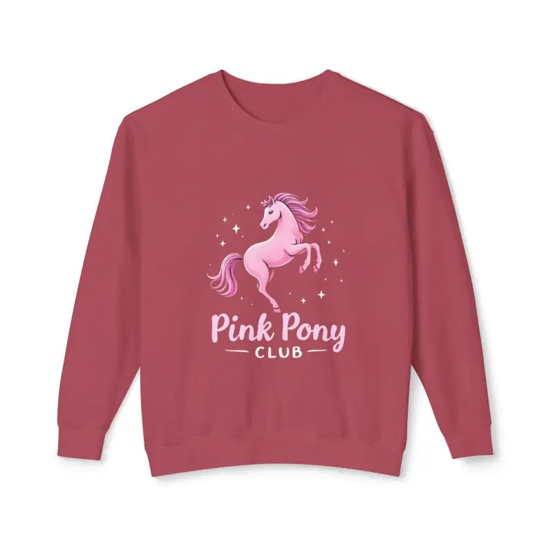 Maroon long-sleeved crewneck sweatshirt with pink rearing horse graphic and Pink Pony Club text