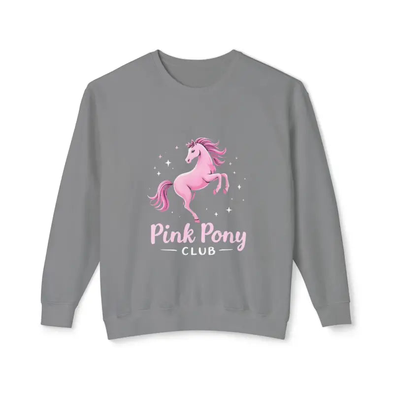 Gray crewneck sweatshirt featuring a pink pony graphic from Pink Pony Graphic Crewneck Sweatshirts collection