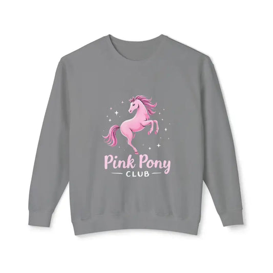 Dark grey crewneck sweatshirt featuring a pink pony and Pink Pony Club graphic