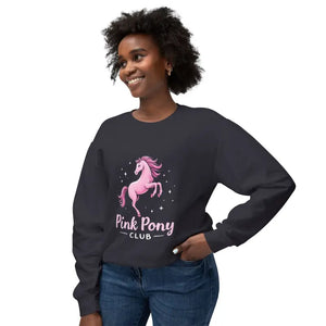 Woman wearing a dark gray Pink Pony Graphic Crewneck Sweatshirt and blue jeans