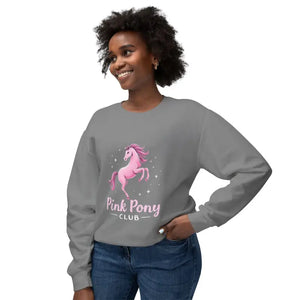 Woman wearing a gray long-sleeved sweatshirt with a pink unicorn graphic from Pink Pony Collection