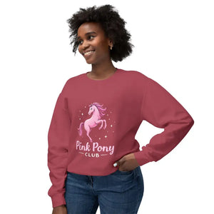 Woman wearing Pink Pony Graphic Crewneck Sweatshirt with maroon color and blue jeans