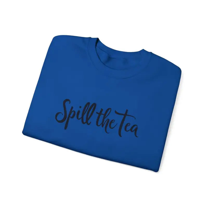 Blue t-shirt featuring Spill the Tea text from the Pink Spill The Tea Apparel Collection
