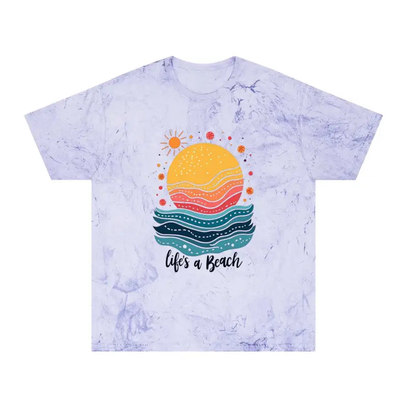 Pink Tie Dye T Shirt featuring a vibrant beach graphic for summer style