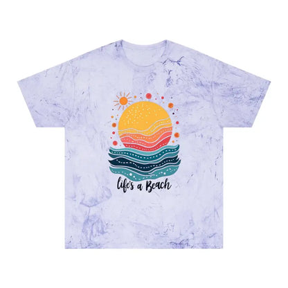Pink Tie Dye T Shirt featuring a vibrant beach graphic for summer style