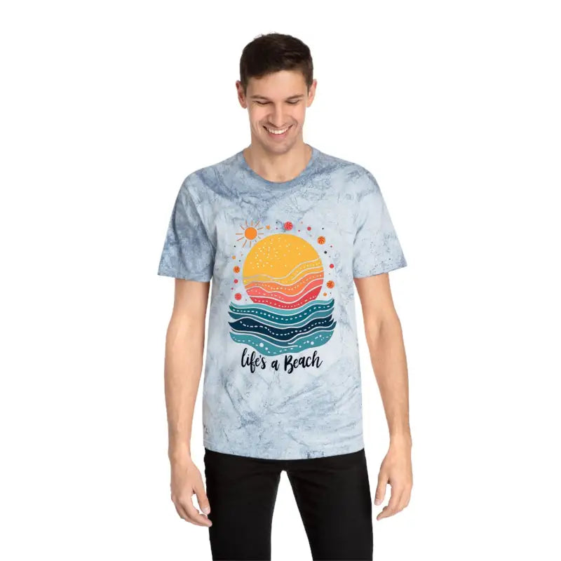 Man’s pink tie-dye t-shirt featuring a beach graphic for Life is a Beach collection