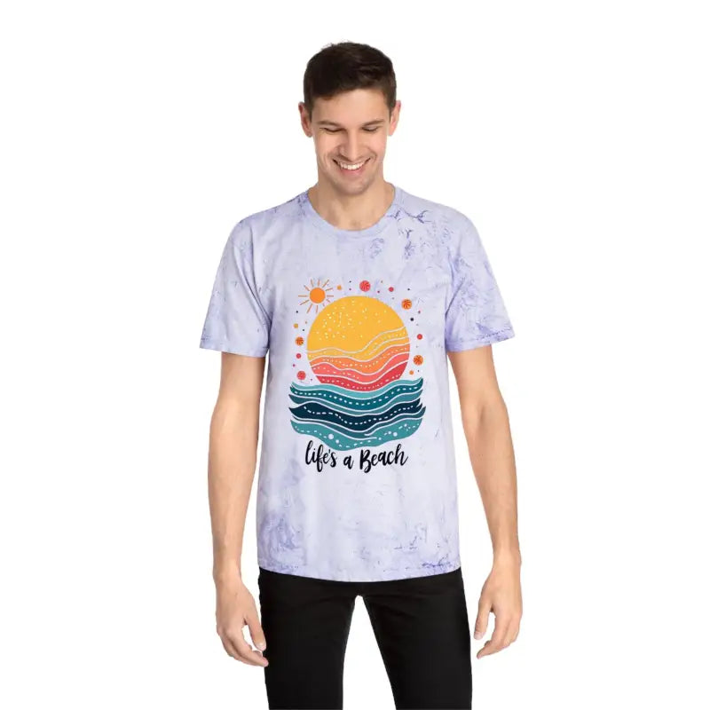 Pink tie dye t-shirt featuring a beach graphic, titled Life is a Beach