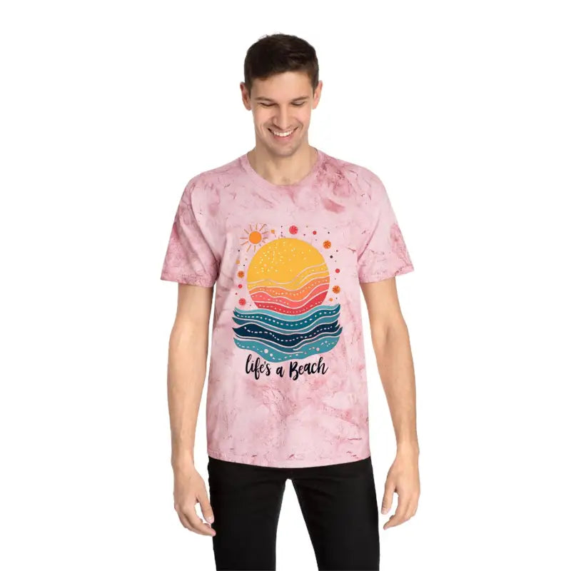 Pink tie-dye t-shirt featuring beach graphic from Life is a Beach collection
