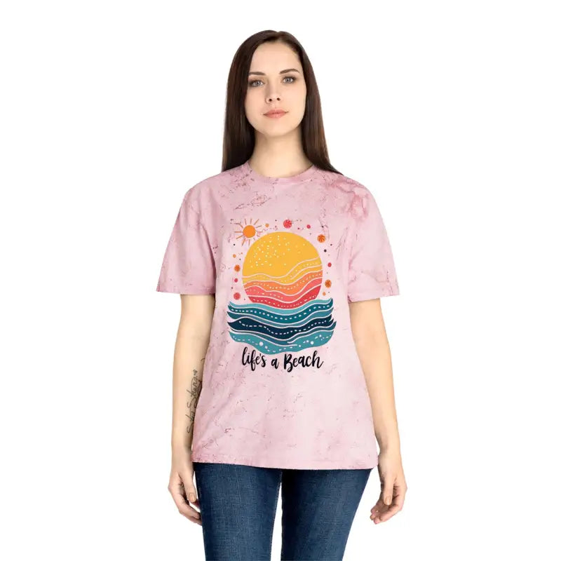 Pink tie-dye t-shirt featuring a beach graphic from the Life is a Beach collection