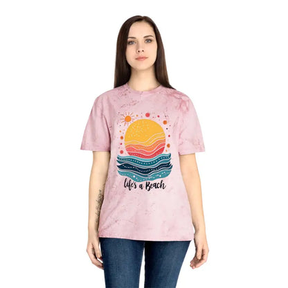 Pink tie-dye t-shirt featuring a beach graphic from the Life is a Beach collection