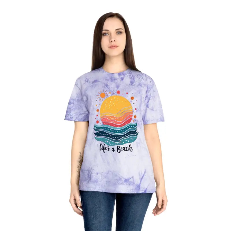 Woman’s Pink Tie Dye T Shirt Life is a Beach design, showcasing vibrant colors
