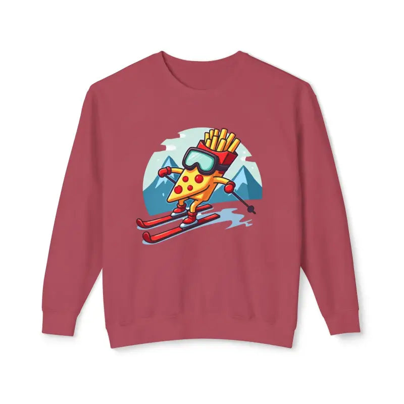 Maroon sweatshirt featuring pizza skiing graphic from Pizza and French Fry Skiing line
