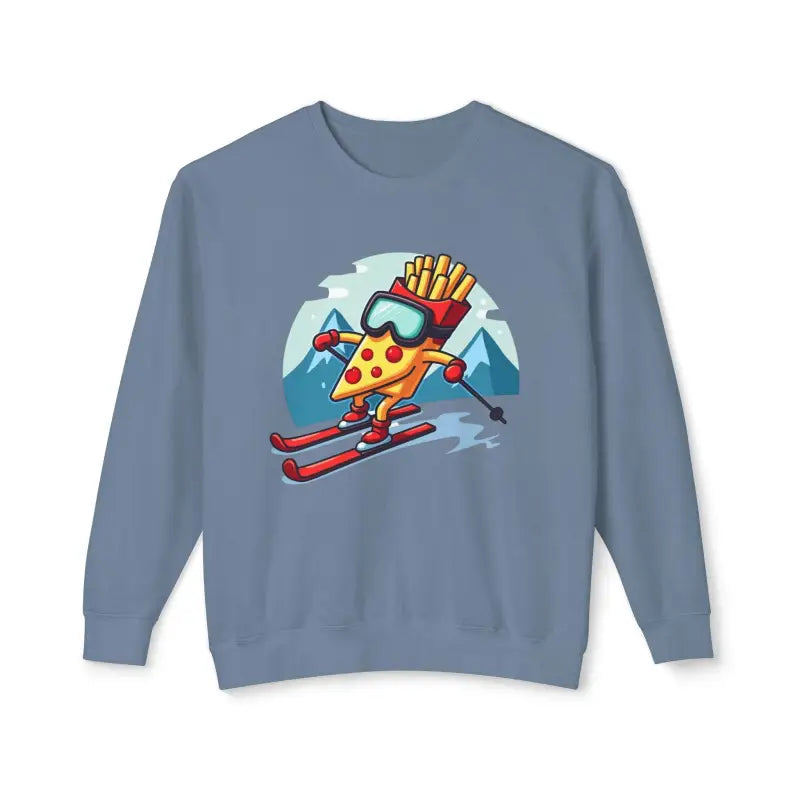 Blue sweatshirt featuring a pizza skiing graphic for Pizza and French Fry Skiing collection