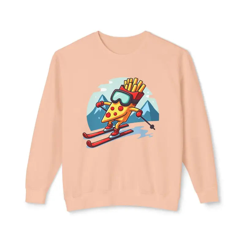 Peach-colored sweatshirt featuring pizza and fries skiing graphic design