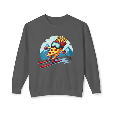 Gray sweatshirt featuring a pizza skiing graphic from Pizza and French Fry Skiing collection