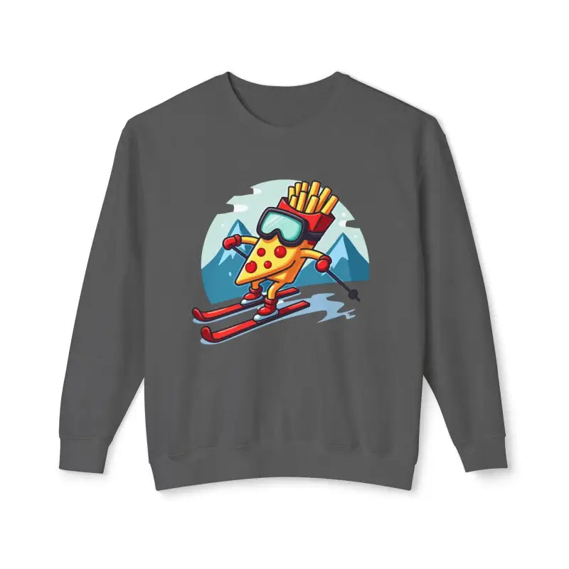 Gray sweatshirt featuring a pizza skiing graphic from Pizza and French Fry Skiing collection