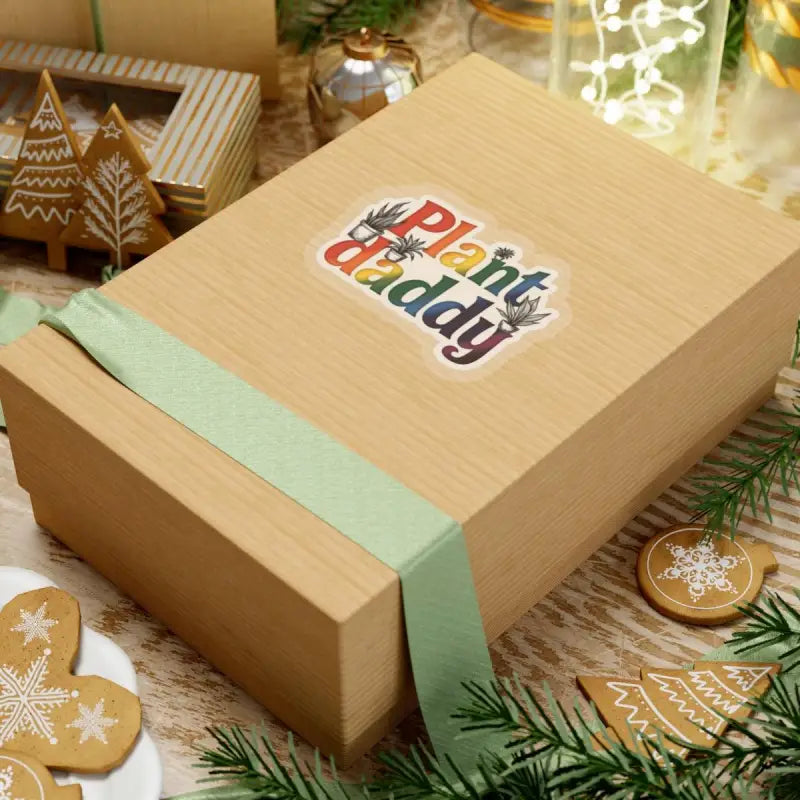 Gift box featuring Plant Daddy sticker with colorful potted plants design