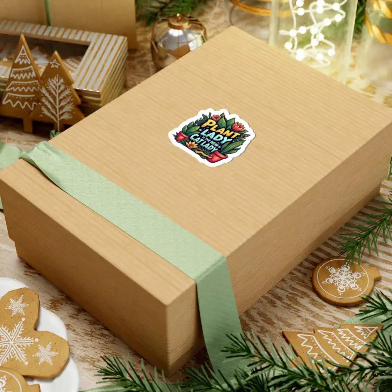 Tan gift box with green ribbon for Plant Lady Is The New Cat Lady Sticker