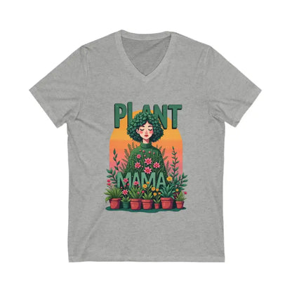 Gray V-neck t-shirt featuring Plant Mama design for botanical enthusiasts