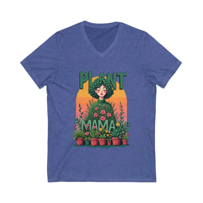 Blue V-neck T-shirt featuring Plant Mama design for stylish casual wear
